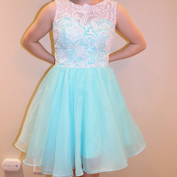 Short Lace Teal Tulle Grad Dress - Picture 7 of 7